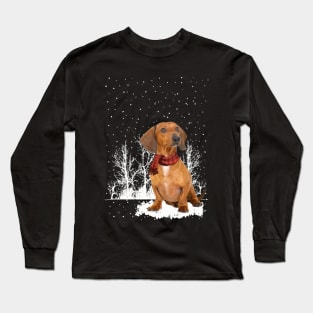 Christmas Red Dachshund With Scarf In Winter Forest Long Sleeve T-Shirt